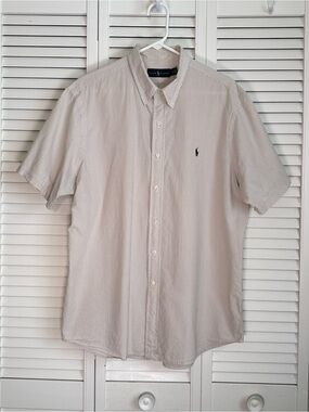 Ralph Lauren Mens Shirt Short Sleeve Tan White Stripe Button Down Cotton Size XL